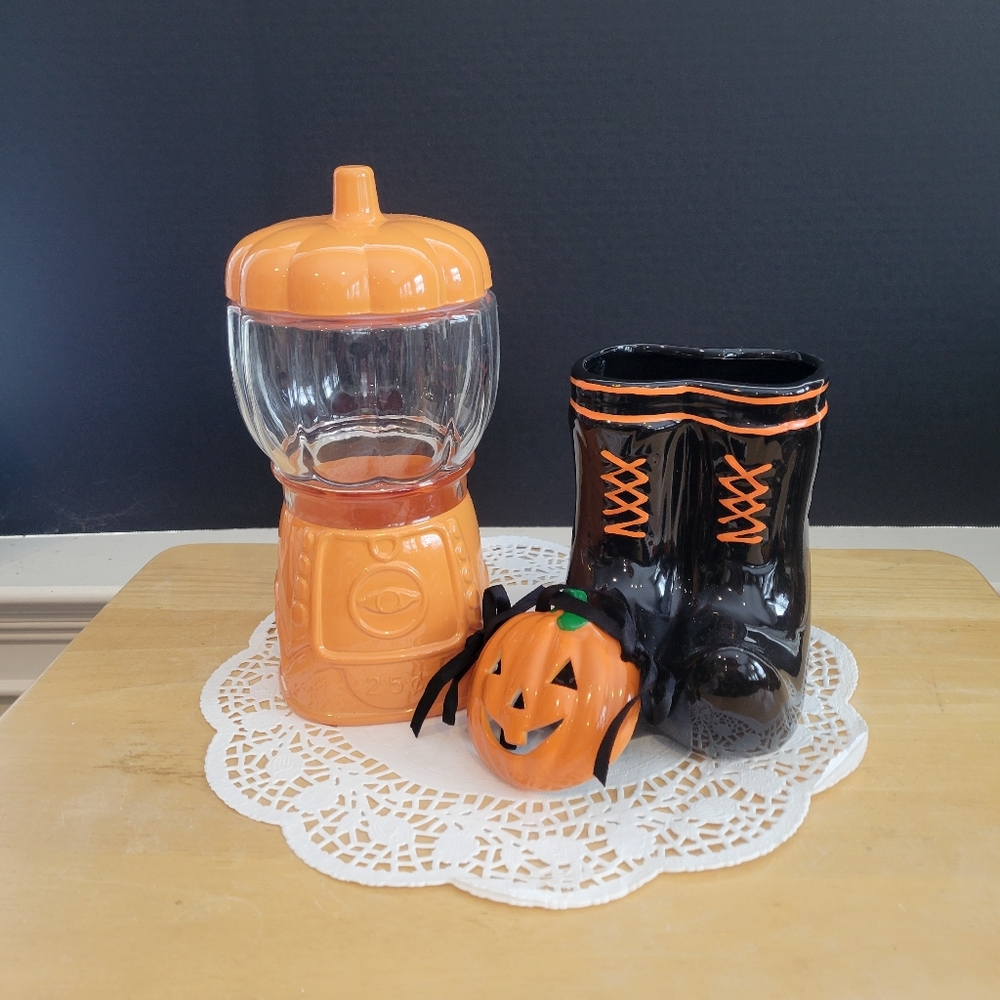 Lot of Halloween Decor Black Boots, Pumpkin Gumball Machine